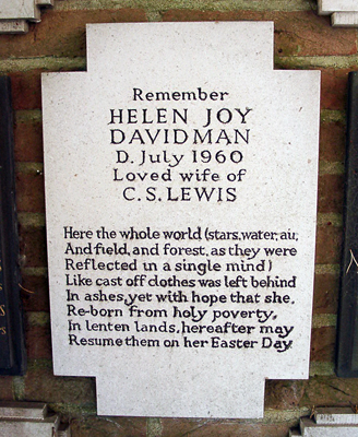 The inscription on Joy's crematorium marker was presumably written by Lewis. Photo credit: Ferrell Jenkins, https://biblicalstudies.info/cslewis/cslewis.htm